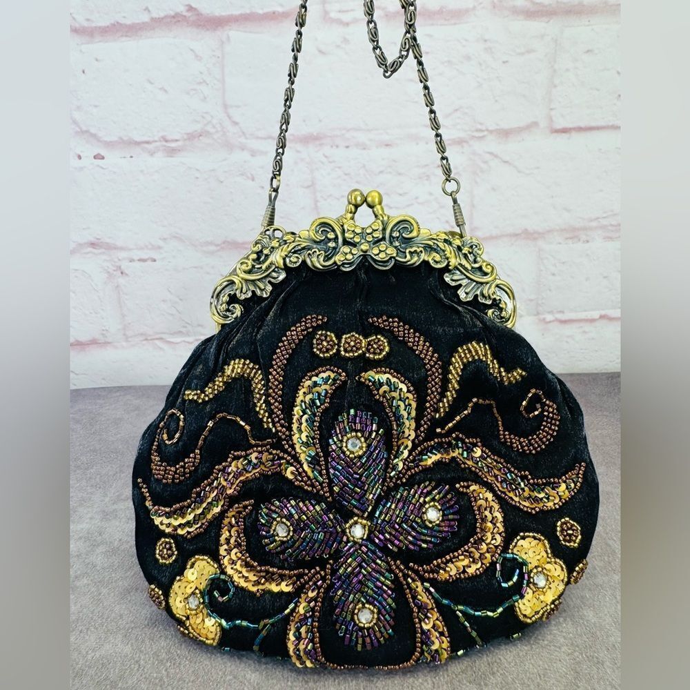 Vintage NWT Silk Beaded Embroidered Black Evening Framed Bag
